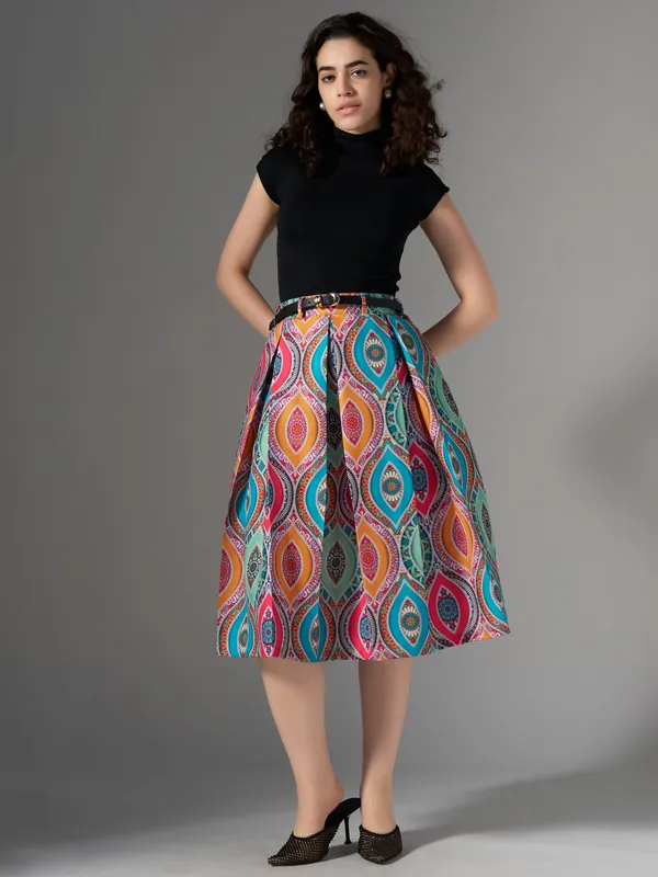 Multi_Cotton_Midi_Fla_Pleated_Skirt_With_Belt_Loop_For_Women