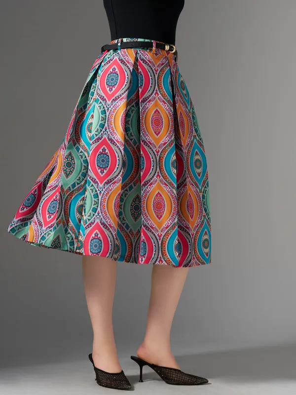 Multi_Cotton_Midi_Fla_Pleated_Skirt_With_Belt_Loop_For_Women