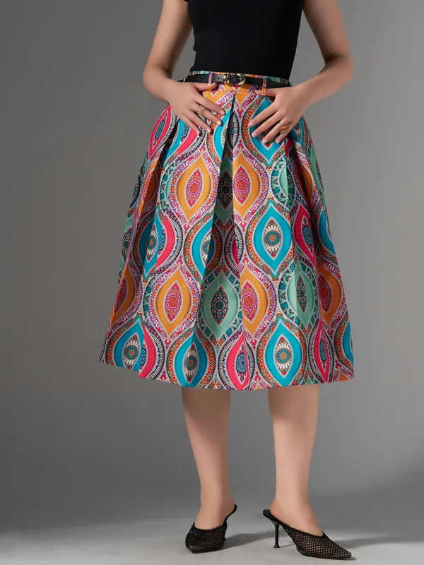 Multi_Cotton_Midi_Fla_Pleated_Skirt_With_Belt_Loop_For_Women