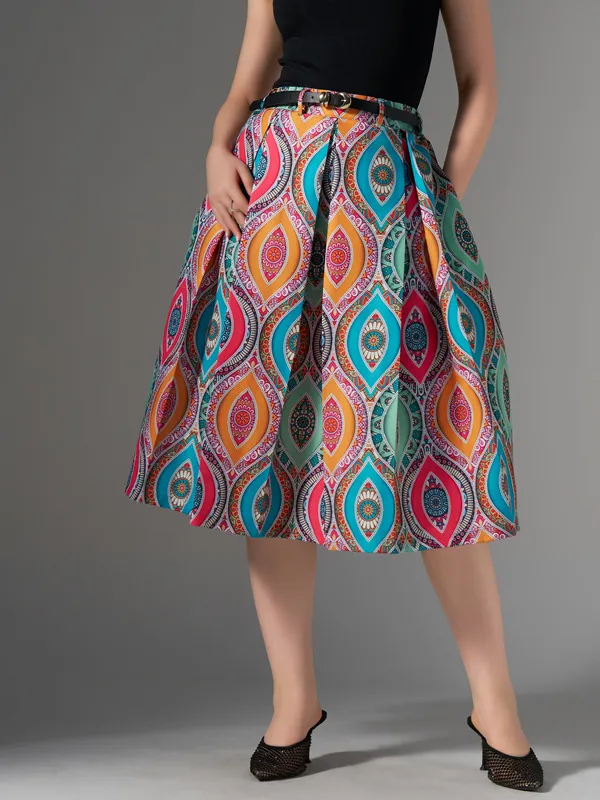Multi_Cotton_Midi_Fla_Pleated_Skirt_With_Belt_Loop_For_Women