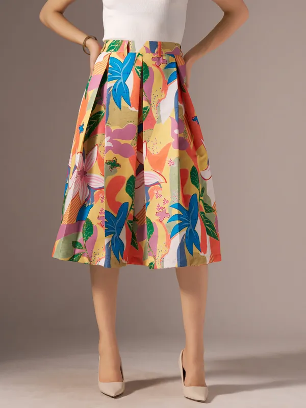 Orange_Cotton_Midi_Fla_Pleated_Skirt_With_Belt_Loop_For_Women