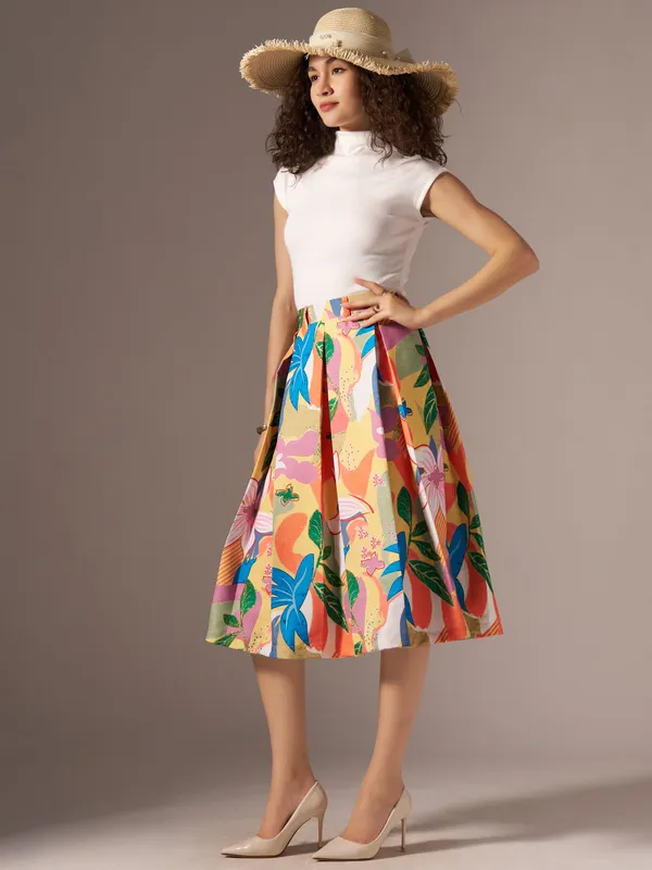 Orange_Cotton_Midi_Fla_Pleated_Skirt_With_Belt_Loop_For_Women