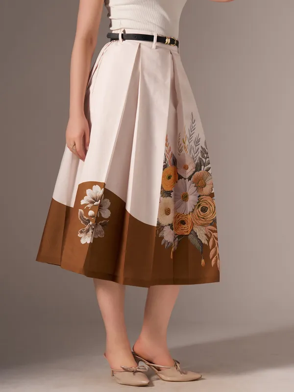 Brown_Cotton_Midi_Fla_Pleated_Skirt_With_Belt_Loop_For_Women