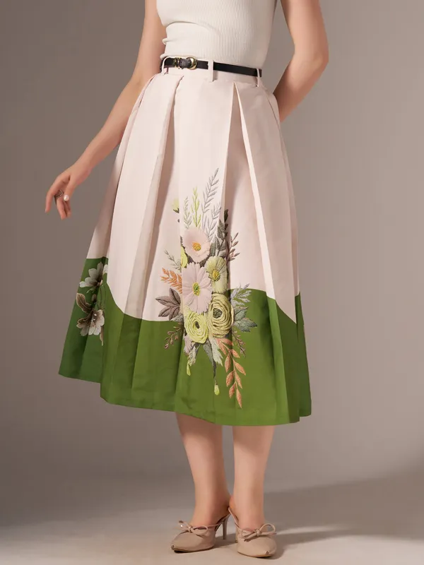 Green_Cotton_Midi_Fla_Pleated_Skirt_With_Belt_Loop_For_Women