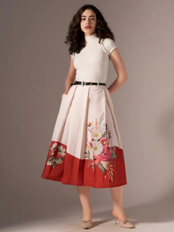 Orange_Cotton_Midi_Fla_Pleated_Skirt_With_Belt_Loop_For_Women