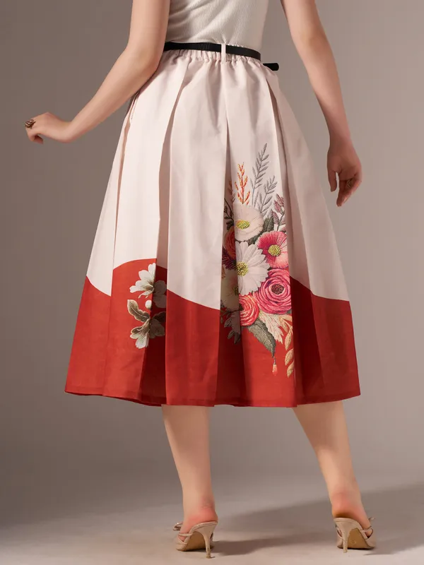 Orange_Cotton_Midi_Fla_Pleated_Skirt_With_Belt_Loop_For_Women