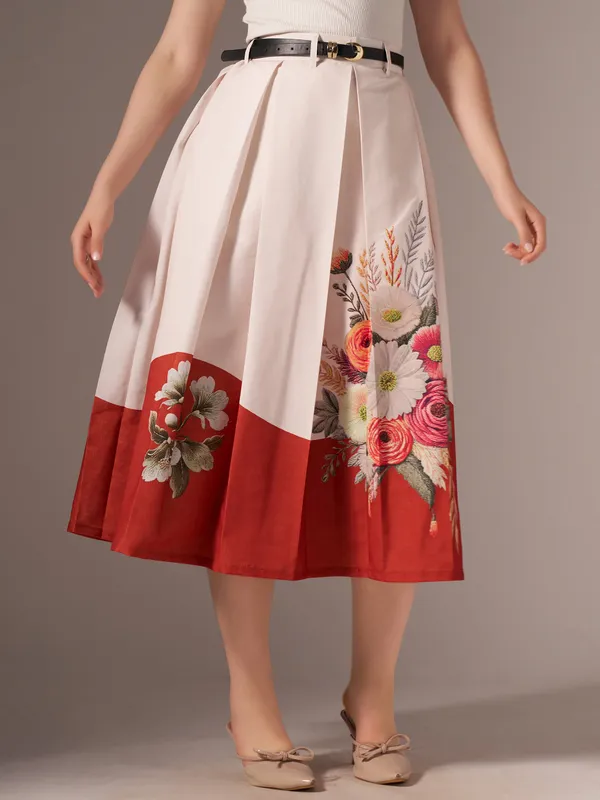 Orange_Cotton_Midi_Fla_Pleated_Skirt_With_Belt_Loop_For_Women