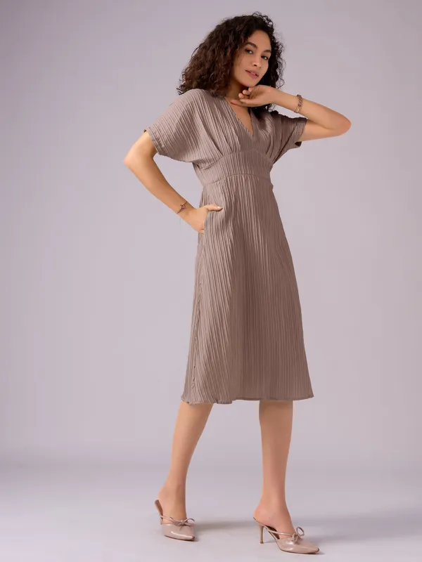 Brown_Kimono_Sleeve_Crepe_A-Line_Midi_Dress_For_Women