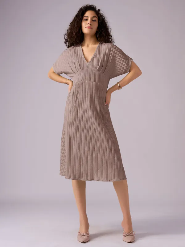 Brown_Kimono_Sleeve_Crepe_A-Line_Midi_Dress_For_Women