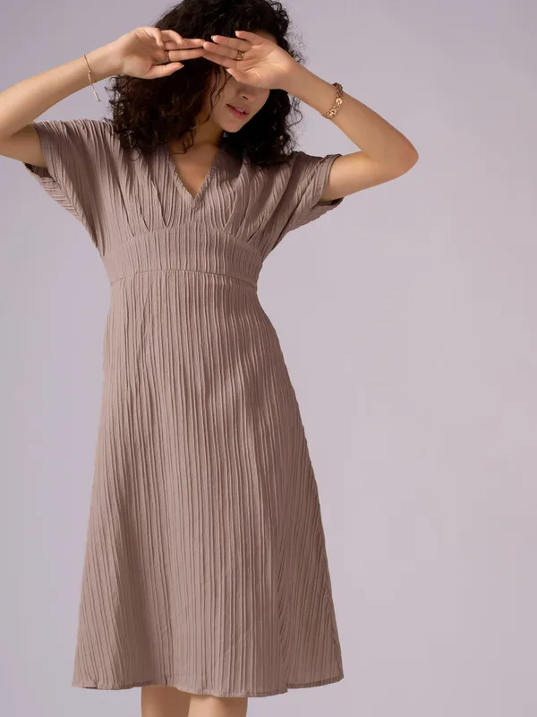 Brown_Kimono_Sleeve_Crepe_A-Line_Midi_Dress_For_Women