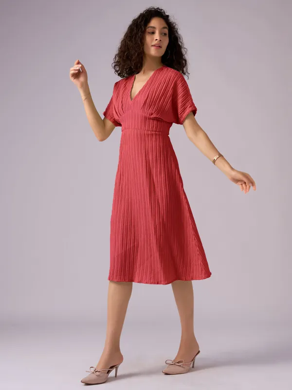 Red_Kimono_Sleeve_Crepe_A-Line_Midi_Dress_For_Women