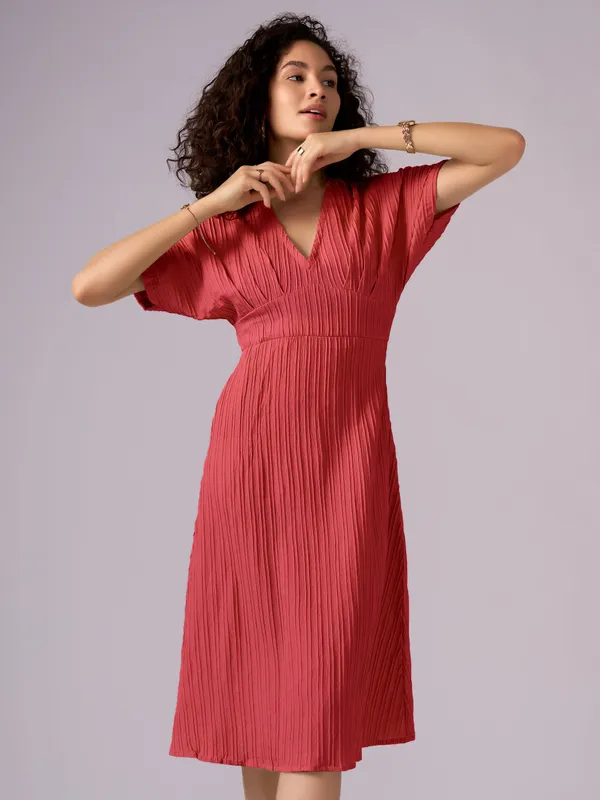 Red_Kimono_Sleeve_Crepe_A-Line_Midi_Dress_For_Women