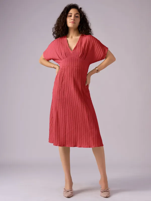Red_Kimono_Sleeve_Crepe_A-Line_Midi_Dress_For_Women