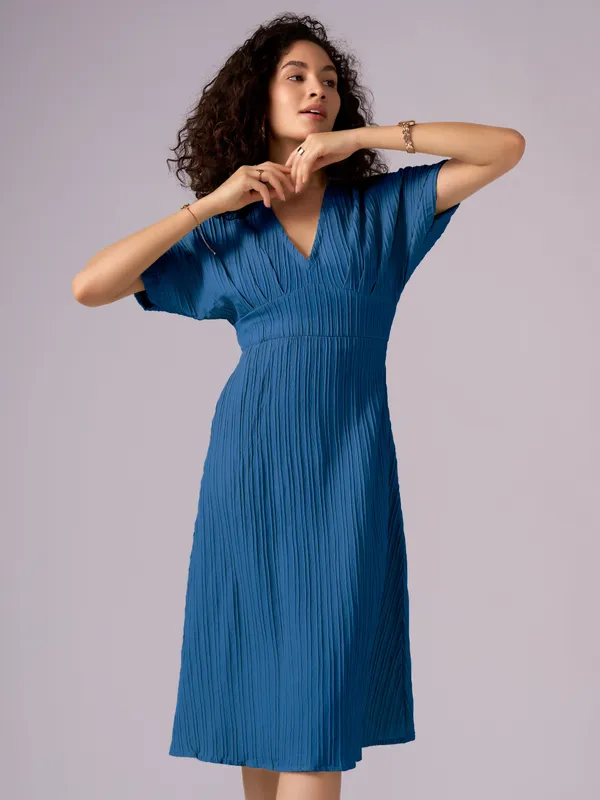 Teal_Blue_Kimono_Sleeve_Crepe_A-Line_Midi_Dress_For_Women