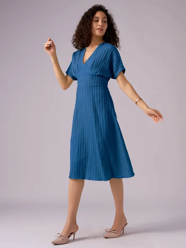 Teal_Blue_Kimono_Sleeve_Crepe_A-Line_Midi_Dress_For_Women
