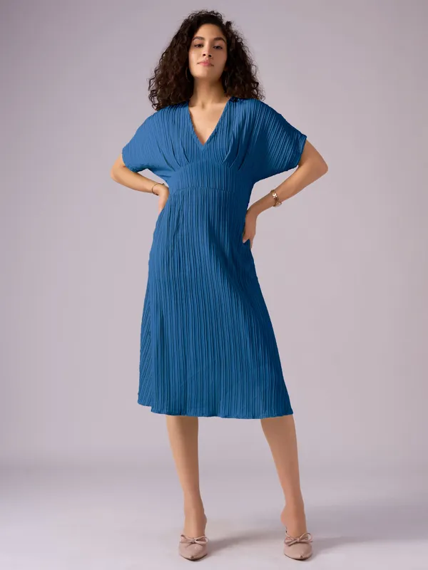 Teal_Blue_Kimono_Sleeve_Crepe_A-Line_Midi_Dress_For_Women