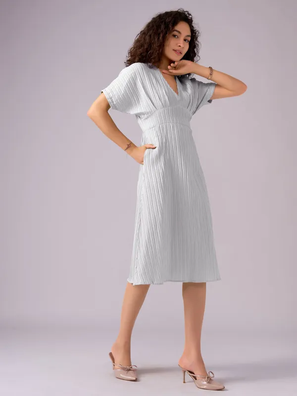 White_Kimono_Sleeve_Crepe_A-Line_Midi_Dress_For_Women