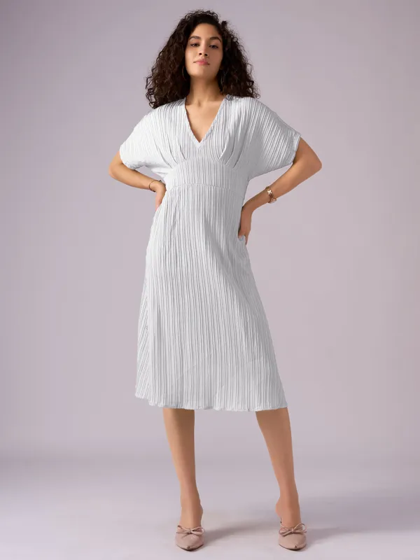 White_Kimono_Sleeve_Crepe_A-Line_Midi_Dress_For_Women