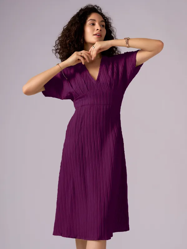 Wine_Kimono_Sleeve_Crepe_A-Line_Midi_Dress_For_Women