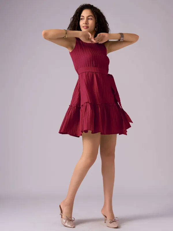 Maroon_Crepe_Fit_And_Flare_Mini_Dress_For_Women