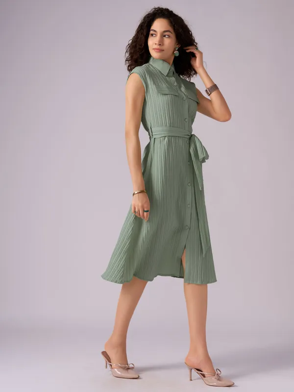 Green_Crepe_Shirt_Midi_Dress_For_Women