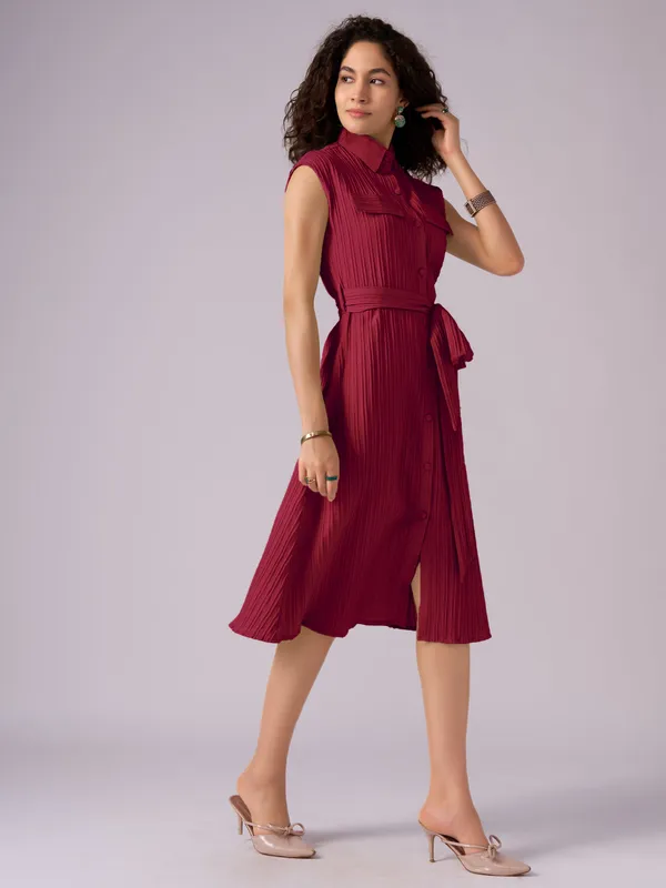 Maroon_Crepe_Shirt_Midi_Dress_For_Women