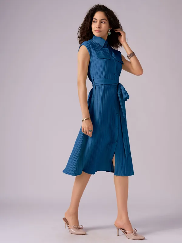 Teal_Blue_Crepe_Shirt_Midi_Dress_For_Women