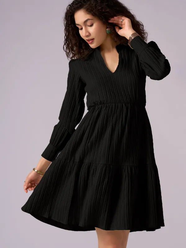 Black_Puff_Sleeve_Crepe_Fit_And_Flare_Mini_Dress_For_Women