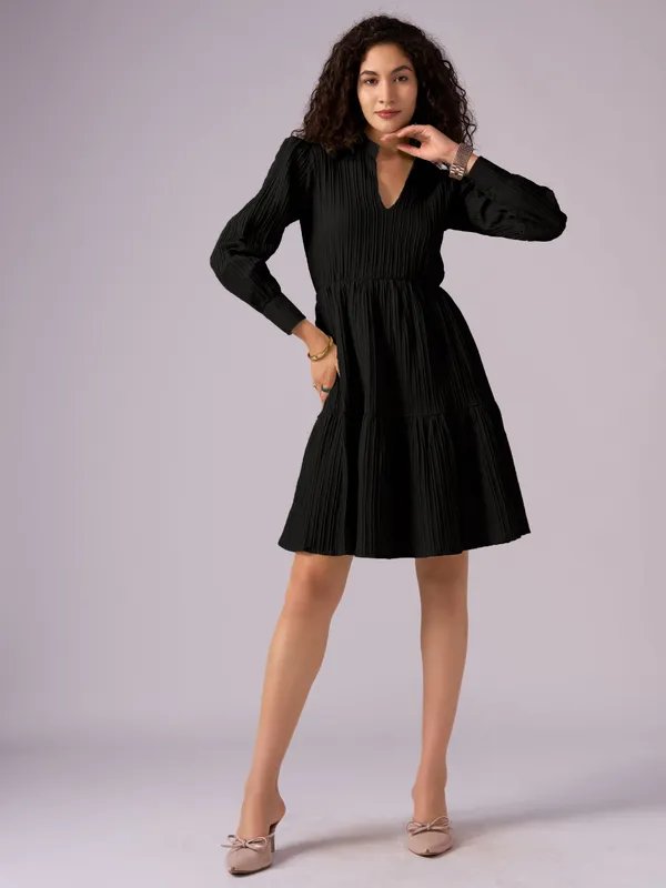 Black_Puff_Sleeve_Crepe_Fit_And_Flare_Mini_Dress_For_Women