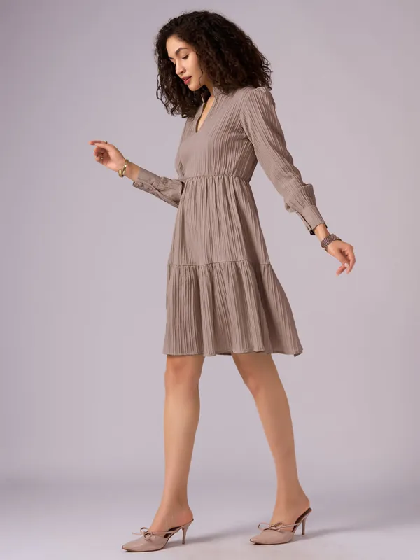 Brown_Puff_Sleeve_Crepe_Fit_And_Flare_Mini_Dress_For_Women