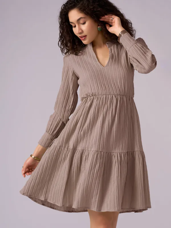 Brown_Puff_Sleeve_Crepe_Fit_And_Flare_Mini_Dress_For_Women