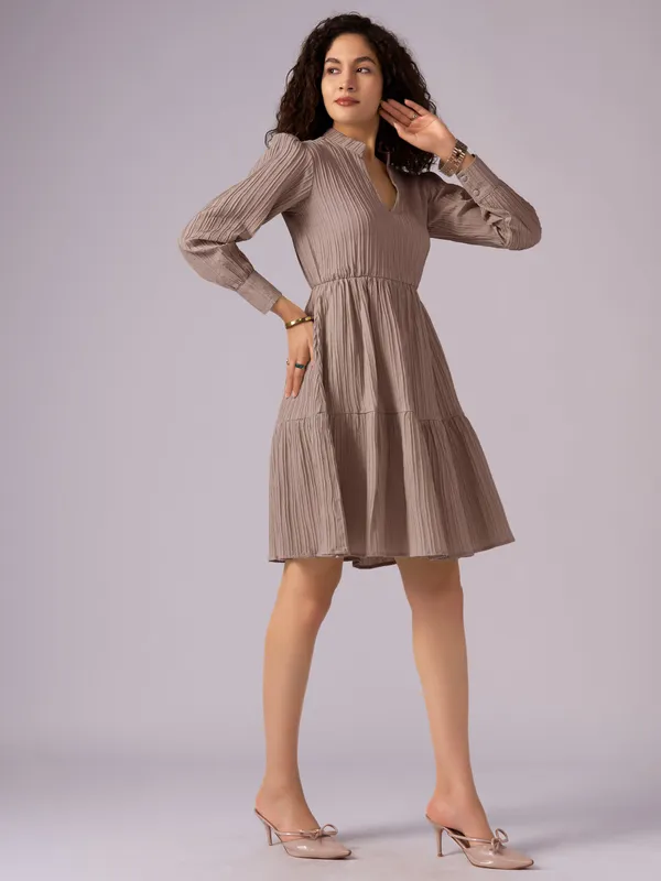 Brown_Puff_Sleeve_Crepe_Fit_And_Flare_Mini_Dress_For_Women