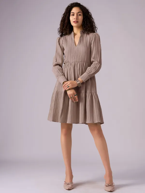 Brown_Puff_Sleeve_Crepe_Fit_And_Flare_Mini_Dress_For_Women