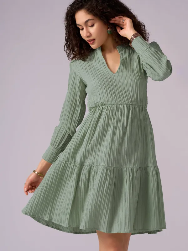 Green_Puff_Sleeve_Crepe_Fit_And_Flare_Mini_Dress_For_Women