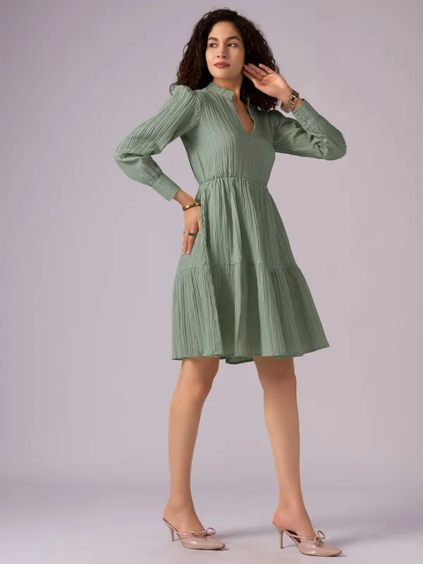 Green_Puff_Sleeve_Crepe_Fit_And_Flare_Mini_Dress_For_Women