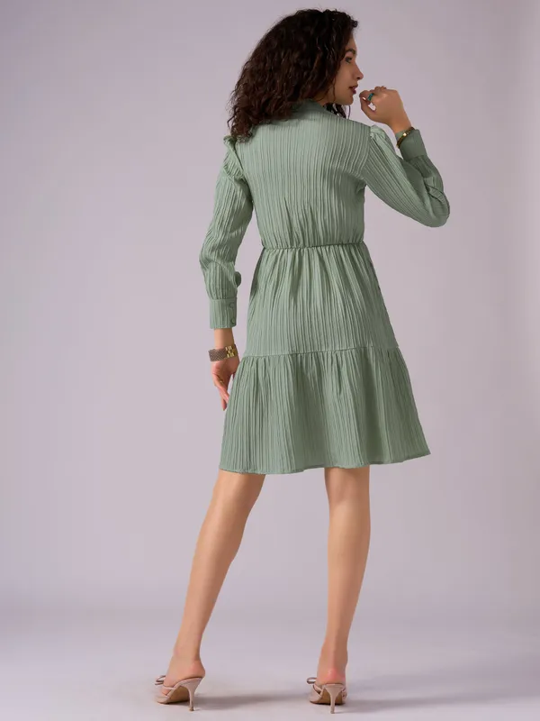 Green_Puff_Sleeve_Crepe_Fit_And_Flare_Mini_Dress_For_Women