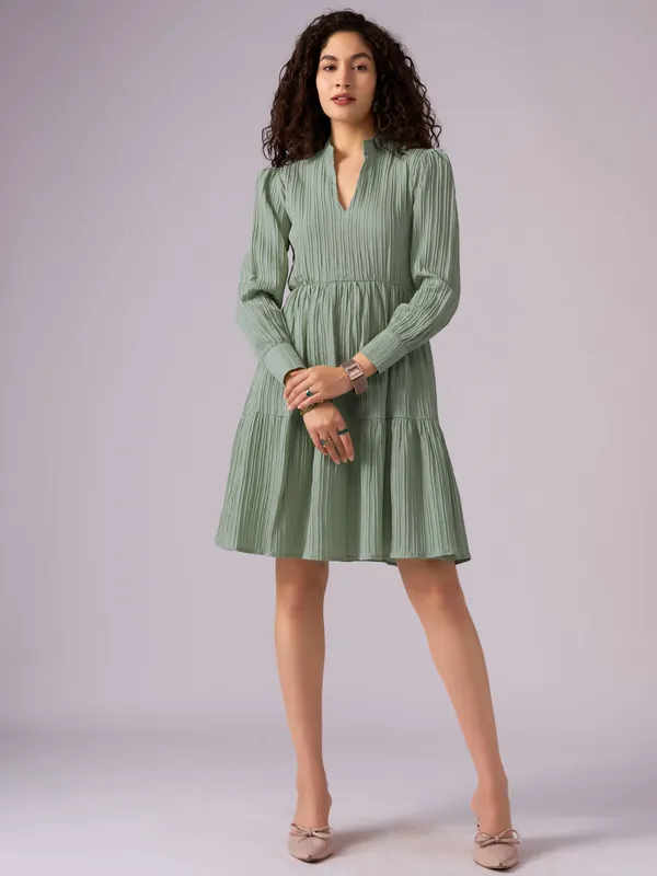 Green_Puff_Sleeve_Crepe_Fit_And_Flare_Mini_Dress_For_Women