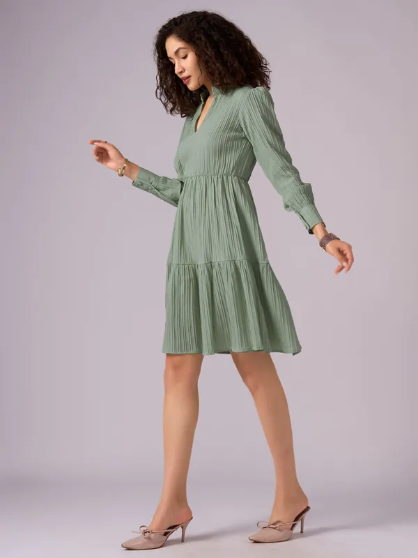 Green_Puff_Sleeve_Crepe_Fit_And_Flare_Mini_Dress_For_Women