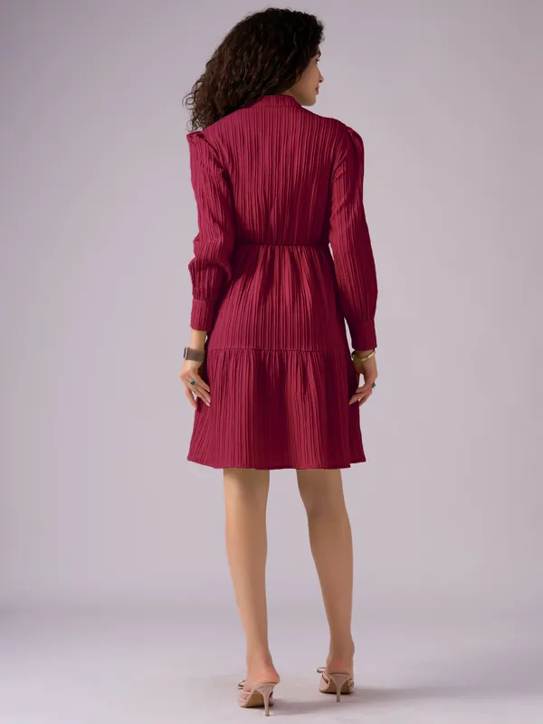 Maroon_Puff_Sleeve_Crepe_Fit_And_Flare_Mini_Dress_For_Women
