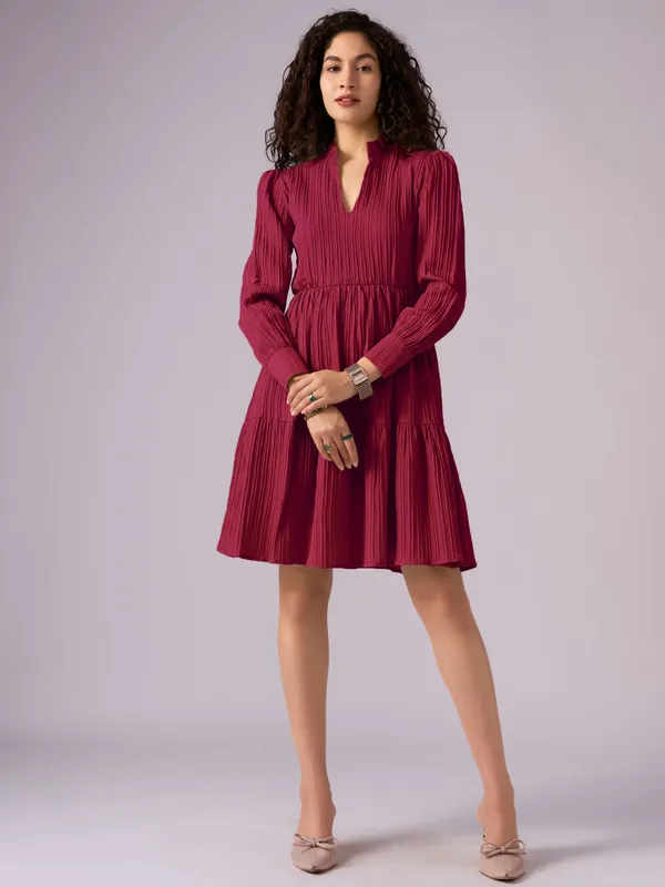 Maroon_Puff_Sleeve_Crepe_Fit_And_Flare_Mini_Dress_For_Women