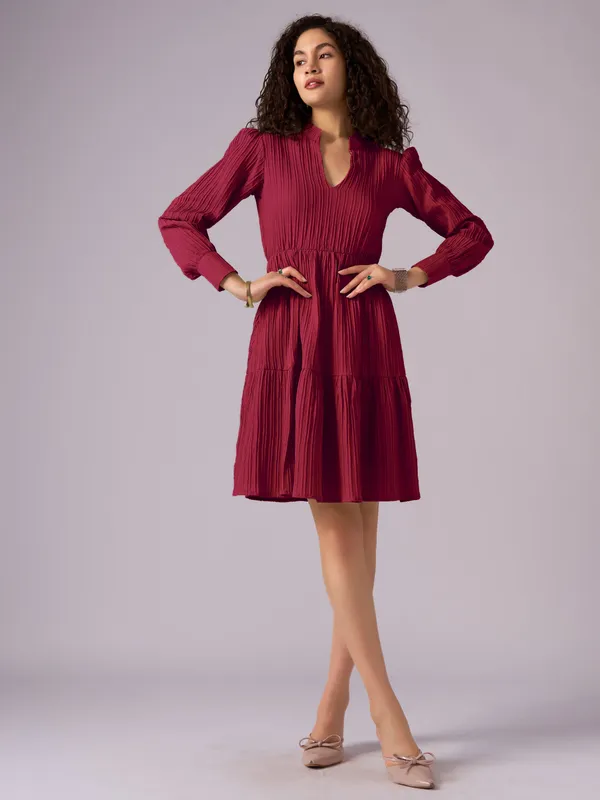 Maroon_Puff_Sleeve_Crepe_Fit_And_Flare_Mini_Dress_For_Women