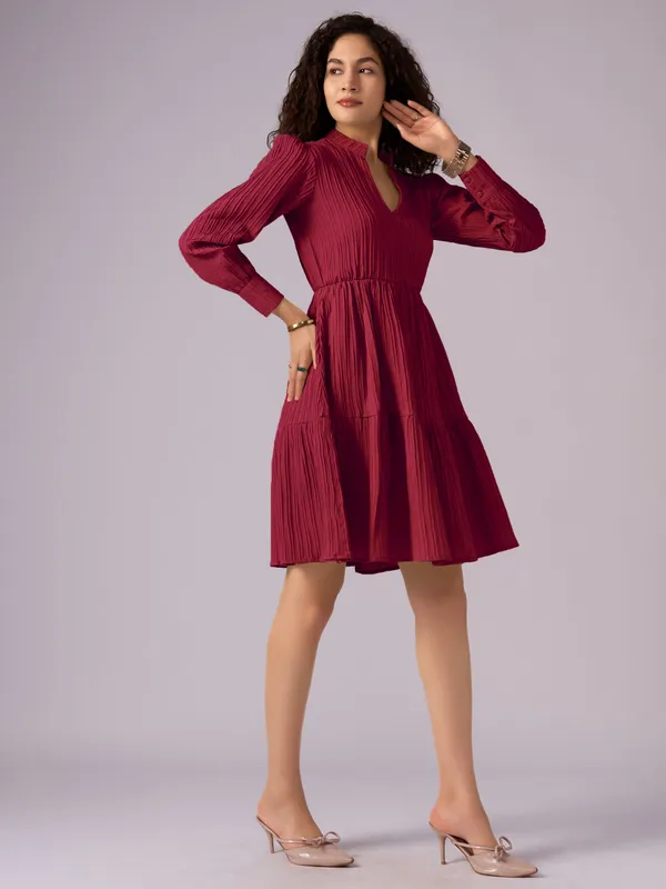Maroon_Puff_Sleeve_Crepe_Fit_And_Flare_Mini_Dress_For_Women