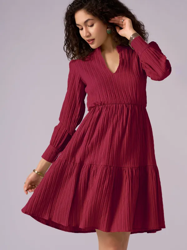 Maroon_Puff_Sleeve_Crepe_Fit_And_Flare_Mini_Dress_For_Women