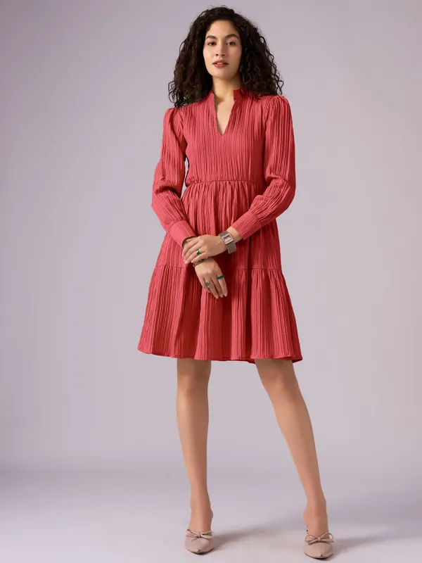 Red_Puff_Sleeve_Crepe_Fit_And_Flare_Mini_Dress_For_Women