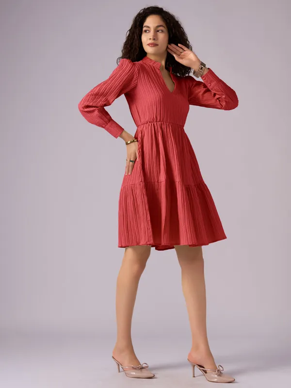 Red_Puff_Sleeve_Crepe_Fit_And_Flare_Mini_Dress_For_Women