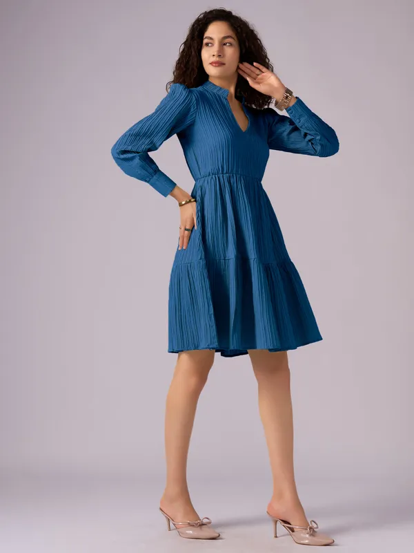 Teal_Blue_Puff_Sleeve_Crepe_Fit_And_Flare_Mini_Dress_For_Women