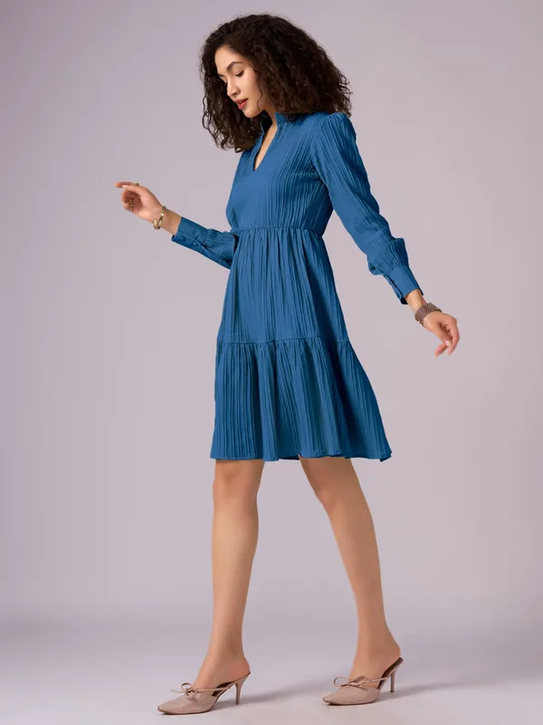 Teal_Blue_Puff_Sleeve_Crepe_Fit_And_Flare_Mini_Dress_For_Women