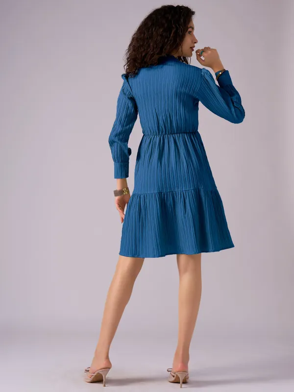 Teal_Blue_Puff_Sleeve_Crepe_Fit_And_Flare_Mini_Dress_For_Women