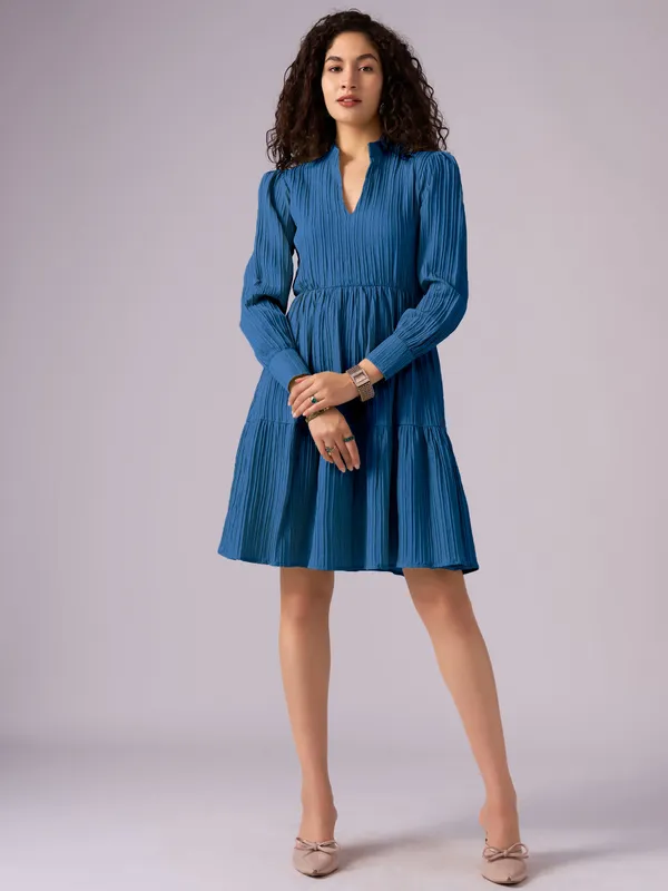 Teal_Blue_Puff_Sleeve_Crepe_Fit_And_Flare_Mini_Dress_For_Women