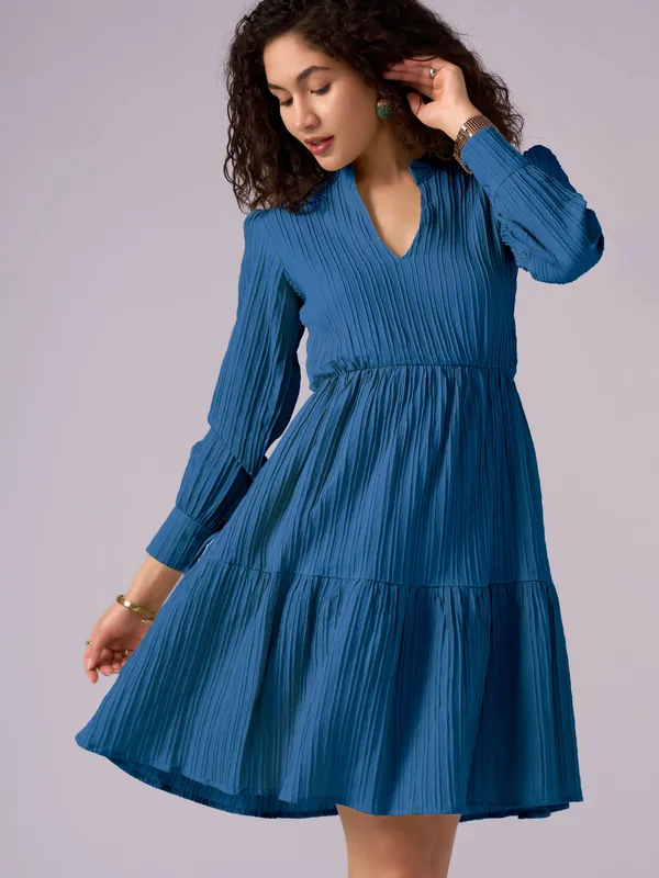 Teal_Blue_Puff_Sleeve_Crepe_Fit_And_Flare_Mini_Dress_For_Women